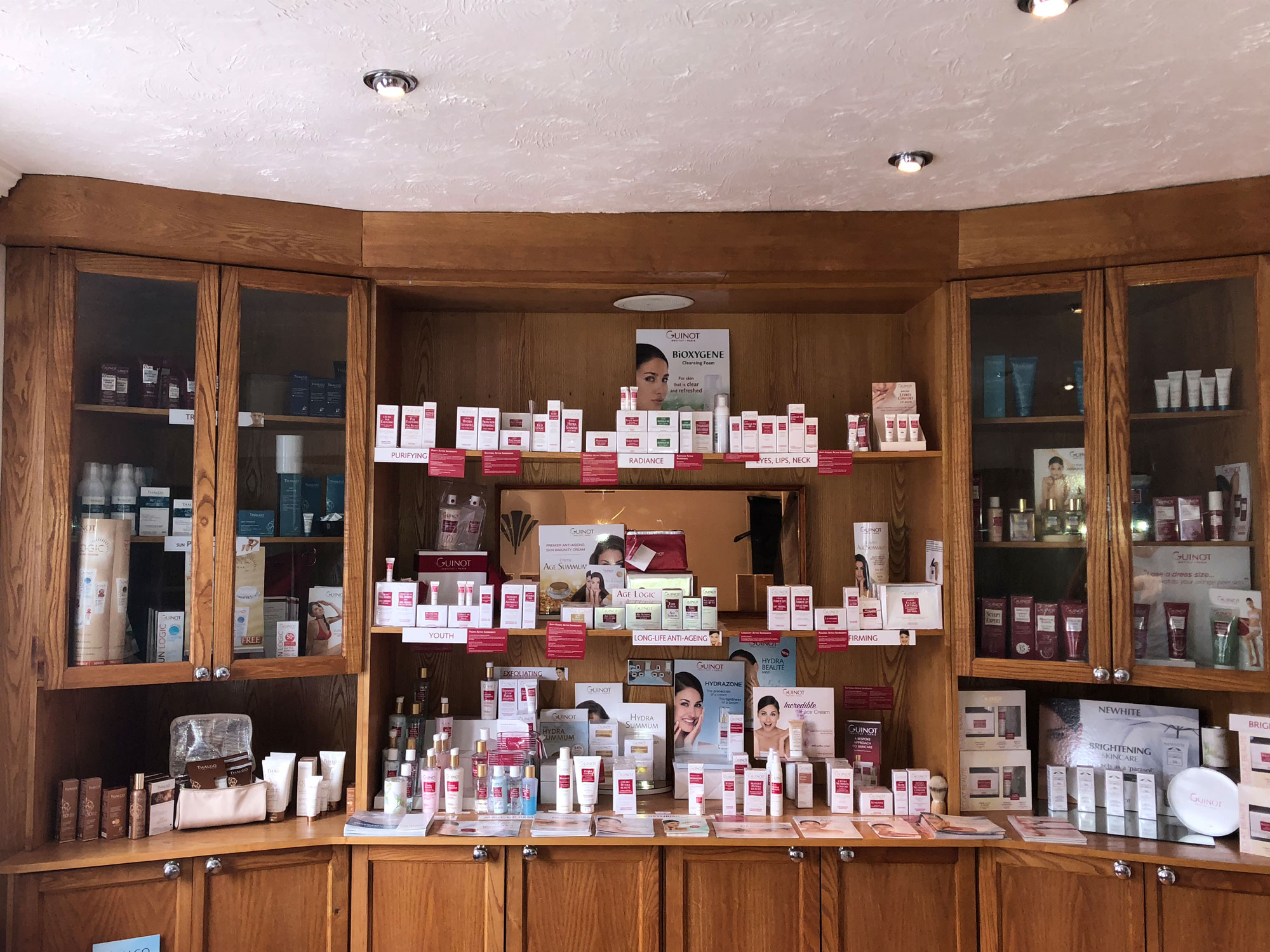 Guinot and Thalgo skincare display at Evie Clark